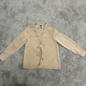 STYLEWE Satin Ruffle Front V-Neck Long Sleeve Blouse Top Women’s Small Gold Tan